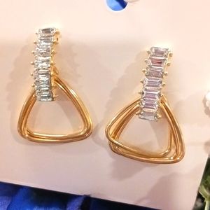 Rhinestones Drop With Gold Triangles Pierced Earrings Nwot